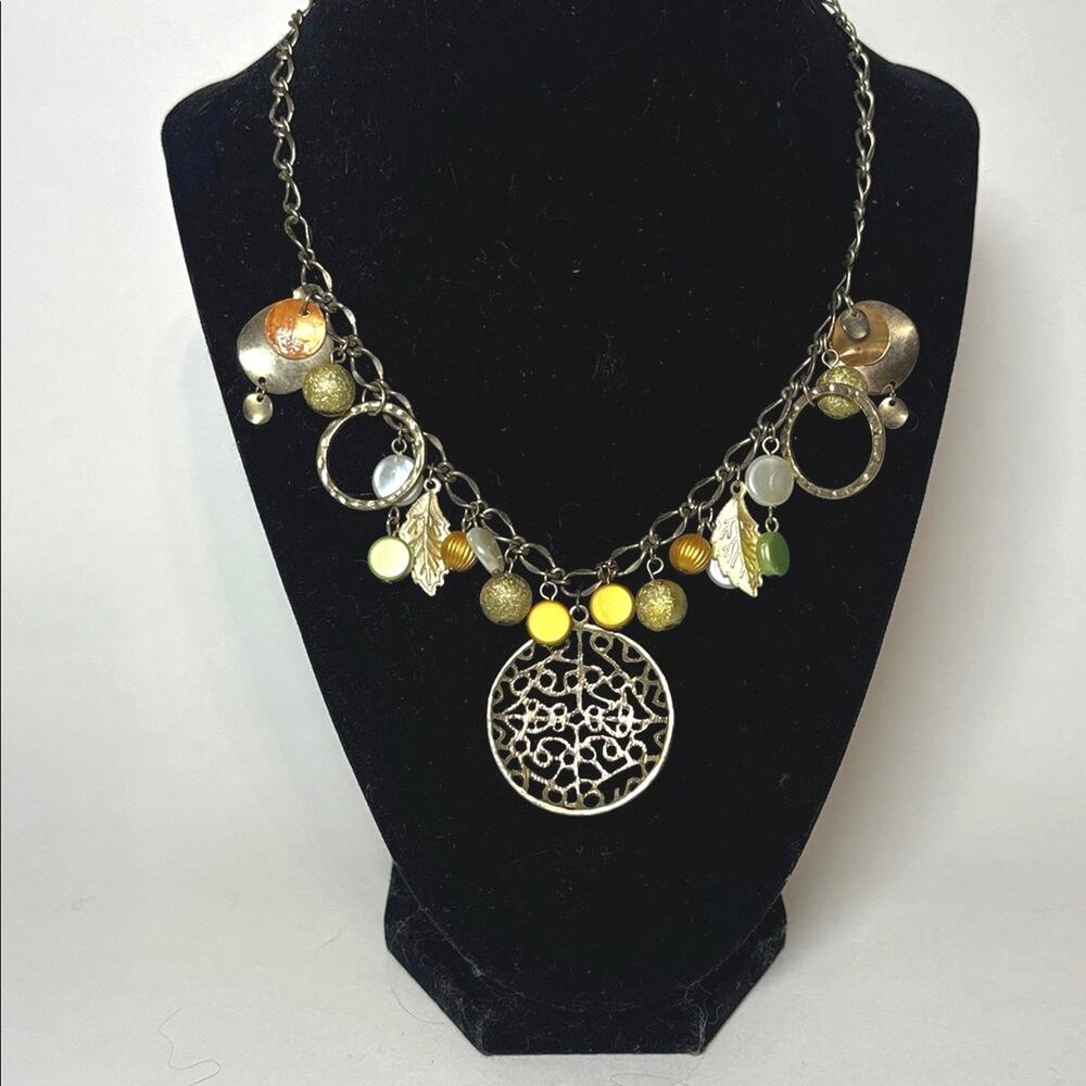 Boho Gold Tone Charm Necklace Filigree Pendant Earthy Mixed Beads 17”